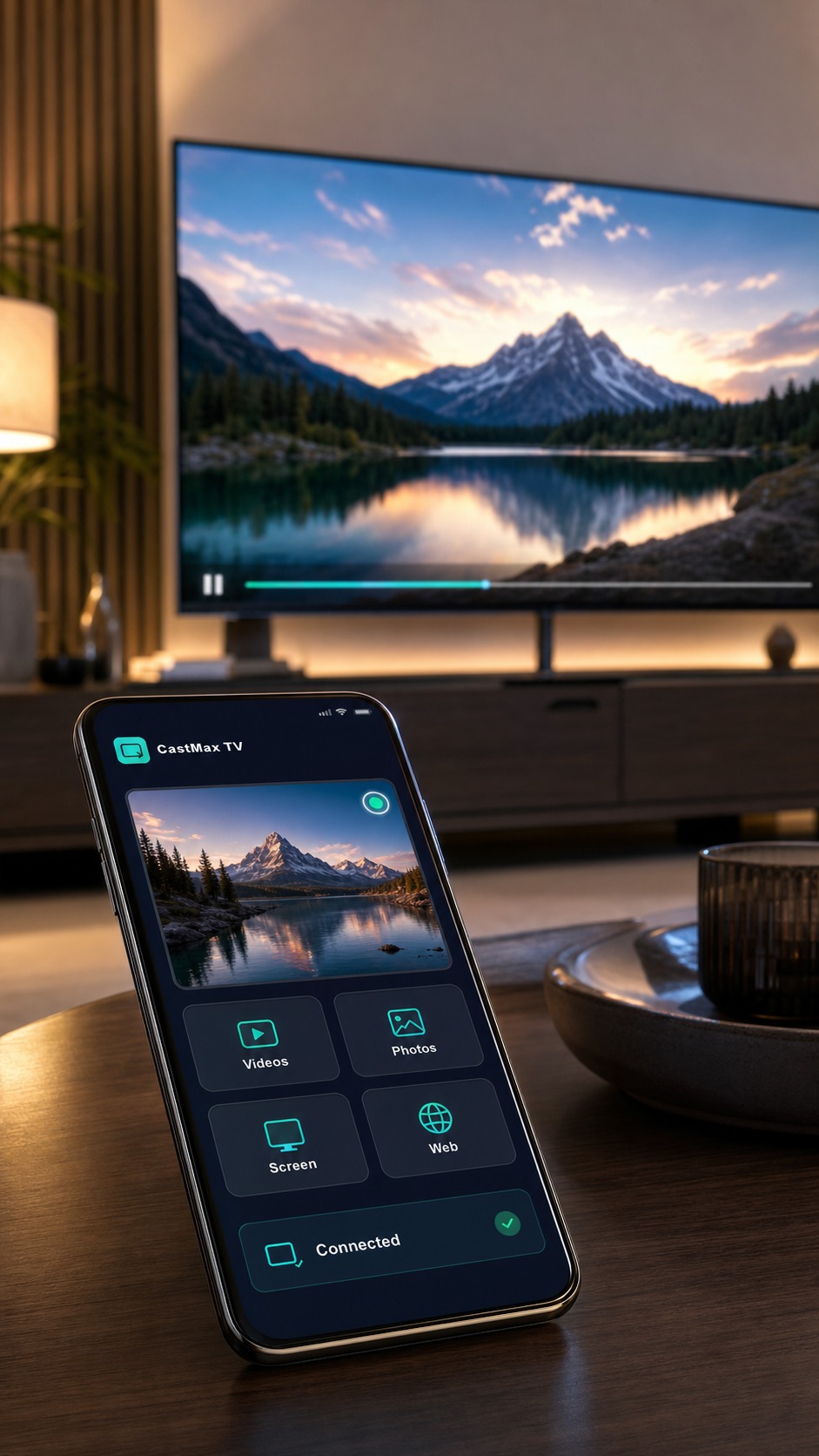 Android phone casting a scenic video to a TV in a living room