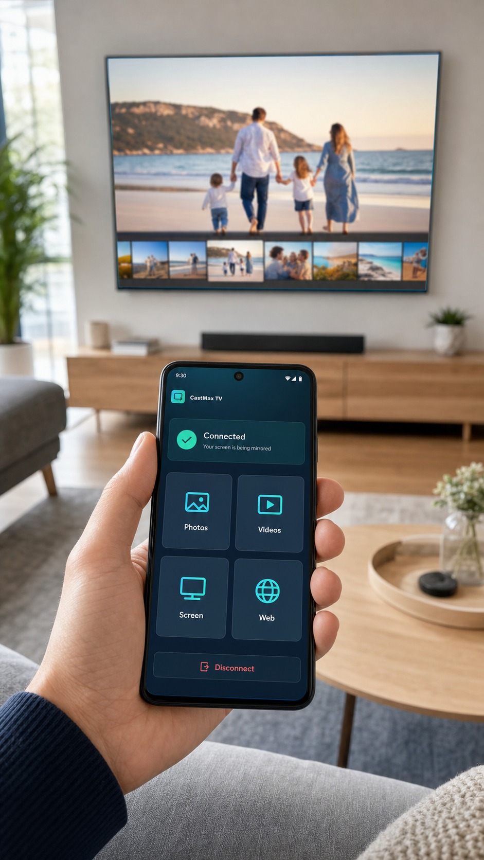 Android phone sharing family photos to a large TV